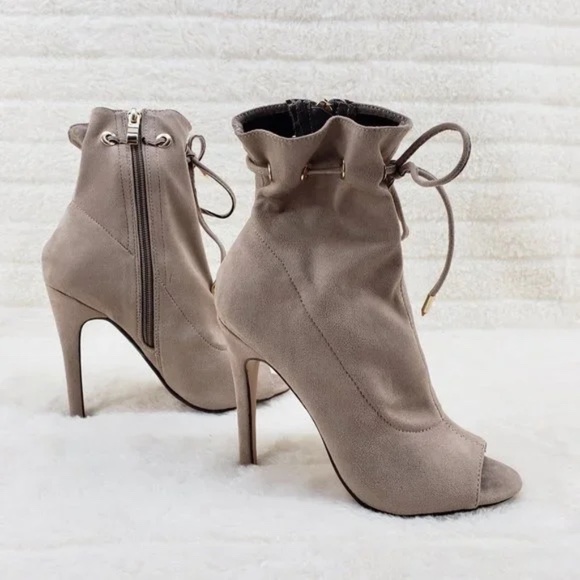 Glister Taupe Drawstring Open Toe 4" Ankle Boots - Picture 2 of 6